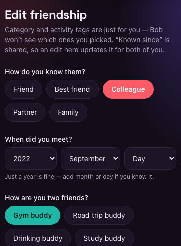 CheckVibe's friend tagging screen with relationship category and activity tag chips
