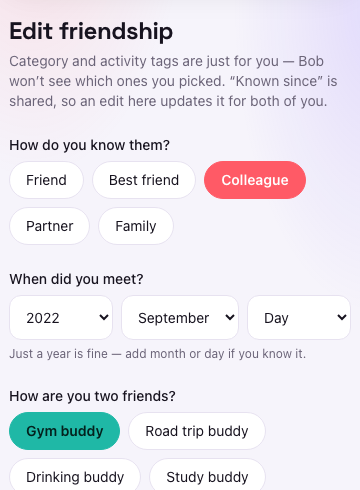 CheckVibe's friend tagging screen with relationship category and activity tag chips