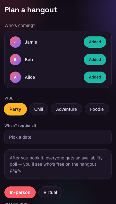 CheckVibe's group hangout planner with friends added and AI-ranked activity categories