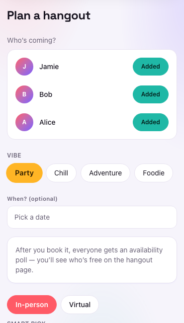 CheckVibe's group hangout planner with friends added and AI-ranked activity categories