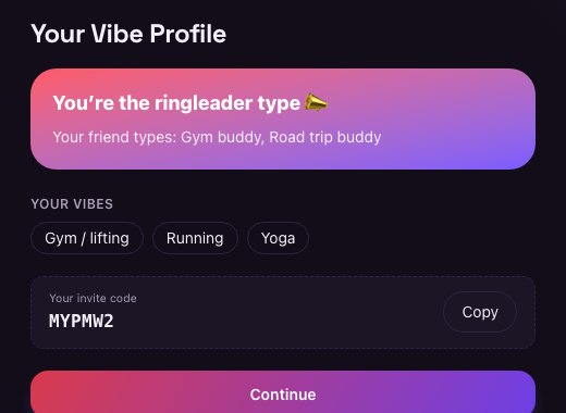 CheckVibe's Vibe Reveal screen showing a derived personality type and interest tags