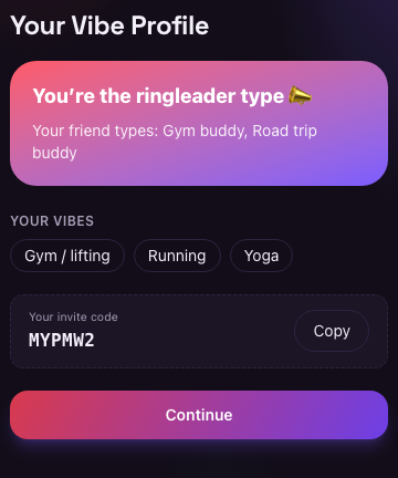 CheckVibe's Vibe Reveal screen showing a derived personality type and interest tags