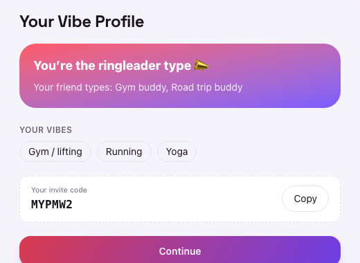 CheckVibe's Vibe Reveal screen showing a derived personality type and interest tags
