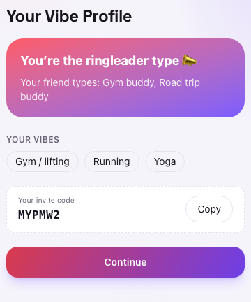 CheckVibe's Vibe Reveal screen showing a derived personality type and interest tags